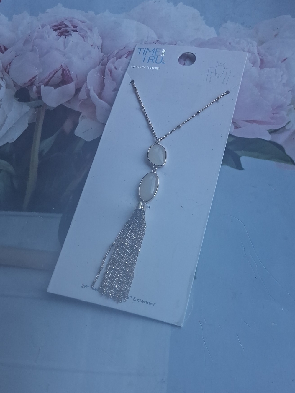 Time and Tru Silver Necklace with White Accents and Tassel Pendant